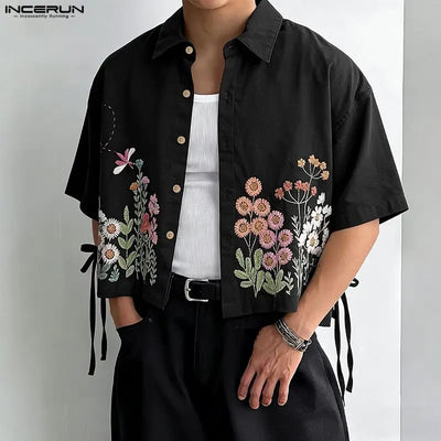 INCERUN Men Shirt Flower Printing Lapel Short Sleeve Summer Men Clothes Streetwear Loose 2026 Fashion Casual Tops Shirts For Man