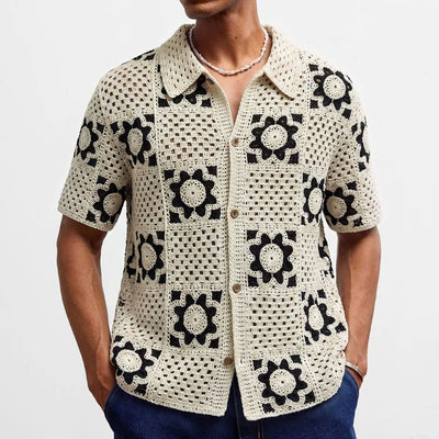 Retro Jacquard Polo Shirts Summer Men's Hollow Out Short Sleeve Casual Cardigan Ethnic Style Crochet Knitted Tops Man Streetwear