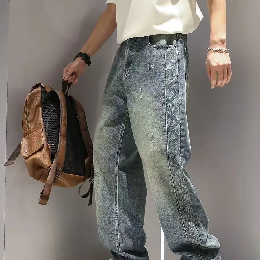 American High Street Fashion Brand Loose Straight Leg Denim Pants for Men, with Patchwork Design and Wide Leg Curved Knife Pants