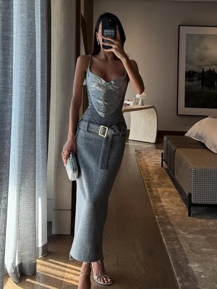 Glitter Panel Spaghetti Strap Corset Bodysuit Set Slim Shimmer Top Belted Midi Skirt 2026 Fashion Chic Elegant Party Women Suit
