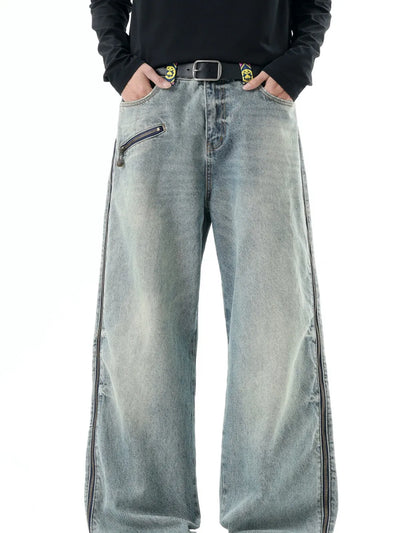 American Style Plaid Denim Pants Men Summer Trendy Wide Leg Straight Cut Floor Length Trousers Retro Patchwork Jeans