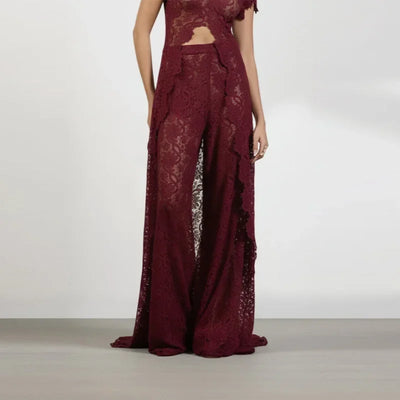 Soft Elegant 2pc Outfit Stylish Minimalist Sheer Lace Crop Top Pants Women Bridesmaid Vocation Summer Night Out Outfits
