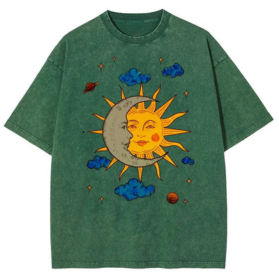 Men's Moon and Sun Printed T-shirt Oversized Short Sleeved Retro Washed Shirt Summer Top
