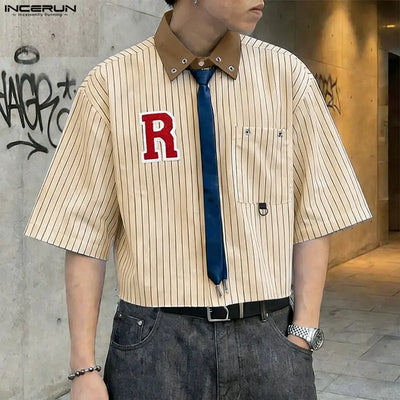 INCERUN Men's Shirt Striped Patchwork Color-block Lapel Half Sleeve Menswear Clothing Streetwear Loose 2026 Camisa Fashion Tops
