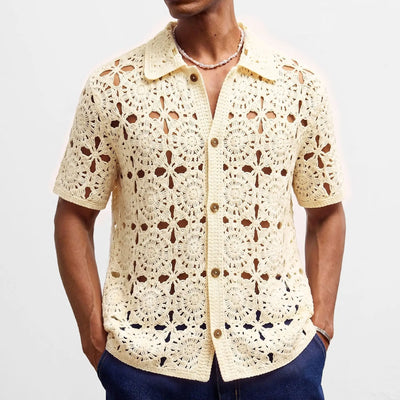 Retro Jacquard Polo Shirts Summer Men's Hollow Out Short Sleeve Casual Cardigan Ethnic Style Crochet Knitted Tops Man Streetwear