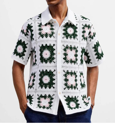 Retro Jacquard Polo Shirts Summer Men's Hollow Out Short Sleeve Casual Cardigan Ethnic Style Crochet Knitted Tops Man Streetwear