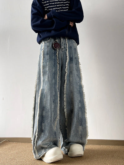 Retro Fringed Design Denim Jeans Loose Floor-Length Slimming Bell Bottoms for Men And Women Summer New Style Casual Long Pants
