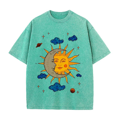 Men's Moon and Sun Printed T-shirt Oversized Short Sleeved Retro Washed Shirt Summer Top