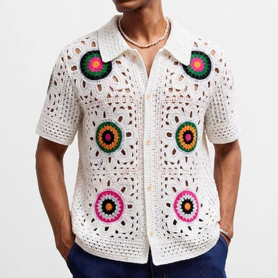 Retro Jacquard Polo Shirts Summer Men's Hollow Out Short Sleeve Casual Cardigan Ethnic Style Crochet Knitted Tops Man Streetwear