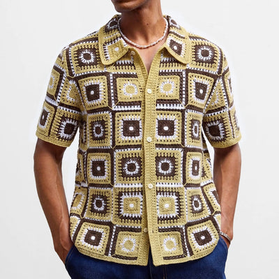 Retro Jacquard Polo Shirts Summer Men's Hollow Out Short Sleeve Casual Cardigan Ethnic Style Crochet Knitted Tops Man Streetwear
