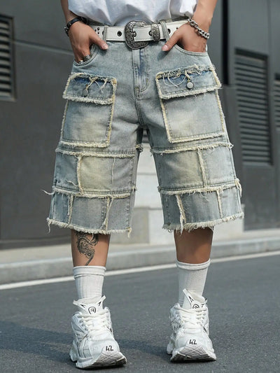 Men's Light‑Blue Spliced Denim Bermuda Shorts / Raw‑Edge Fringed Multi‑Pocket Deconstructed Street‑Style Loose Denim Shorts