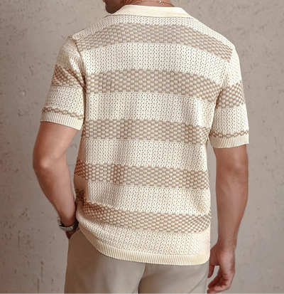 Daily Casual Mens Knitted Polo Shirts 2026 Summer Fashion Striped Contrast Color Knit Pullovers Men Stylish Turn-down Collar Top